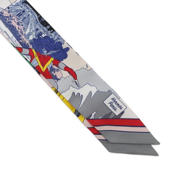 HERMES Twilly WOW Silk100% Gris/Rose/Vert - Picture 10 of 11